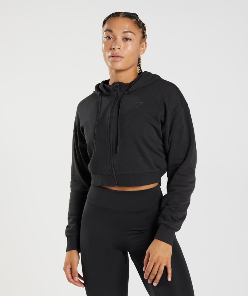 Women\'s Gymshark GS Power Cropped Zip Hoodie Black | NZ 8KBNYD